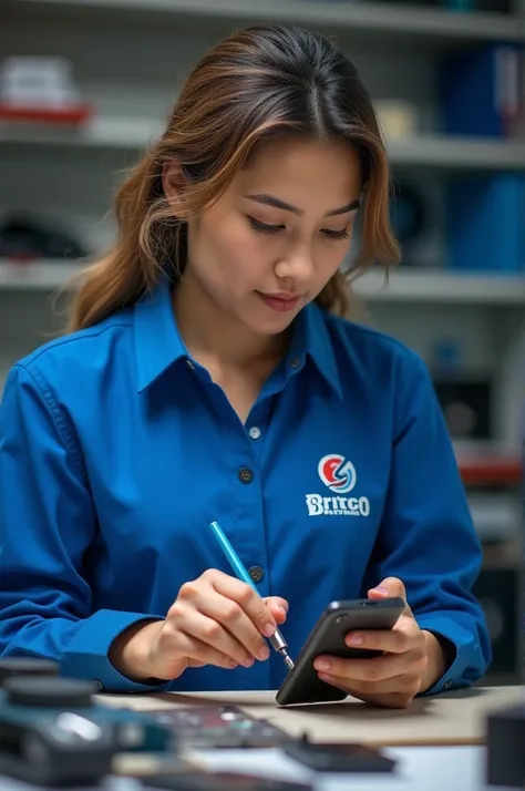 A mobile repairing technician in blue dress which has a logo. Britco and Bridco must written as a logo on blue shirt and he is repairing in his workshop