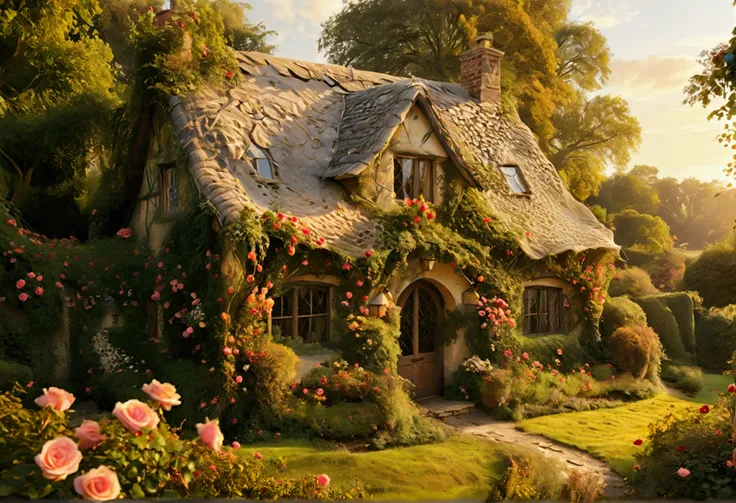 Rose-Covered Cottage: "A quaint cottage nestled in a lush garden, its walls entirely covered in blooming roses of varying shades. The roof is a delicate veil of lace-like vines, gently swaying in the breeze. The scene is bathed in golden afternoon light, w...