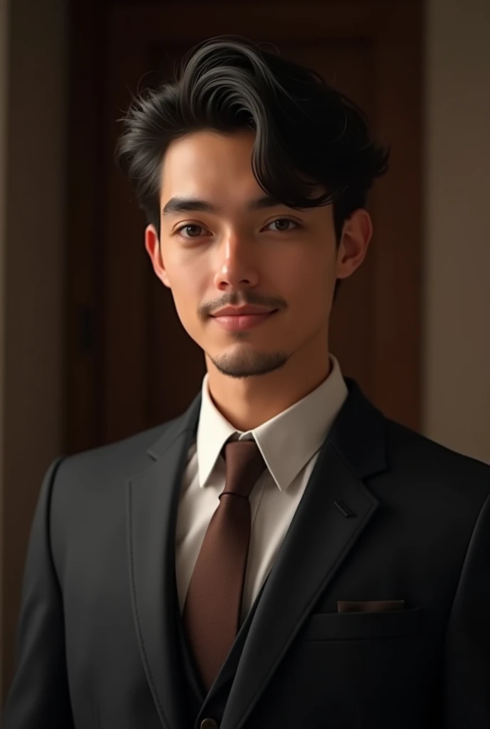 "A well-groomed boy in his late 20s with thick, wavy black hair styled neatly. He is wearing a dark, formal suit paired with a white dress shirt and a brown tie. giving him a mature and sophisticated look. The man is captured in a side profile, looking sli...