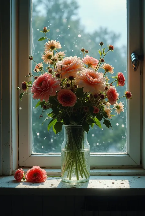 (Photorealism:1.2), broken vase of flowers, flowers are lying on the windowsill, water spilled, there&#39;s a storm outside, straight view