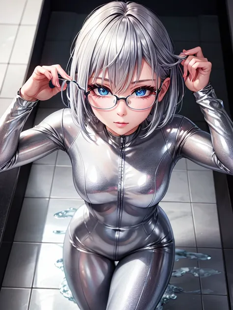 Highest quality 8K UHD、Mastepiece、Close-up、short hair、Blue Eyes、Silver Hair、Glasses、A beautiful woman wearing a slippery silver metallic suit、Slippery silver metallic rubber suit