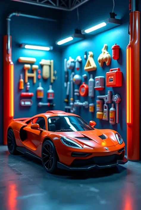  All items in a square display box create a detailed car wash toy industrial style  wall spray paint  vibrant contrasting colors detailed tools garage accessories cool lighting effects no car  location  cool indoor environment  plastic texture  toy mechani...