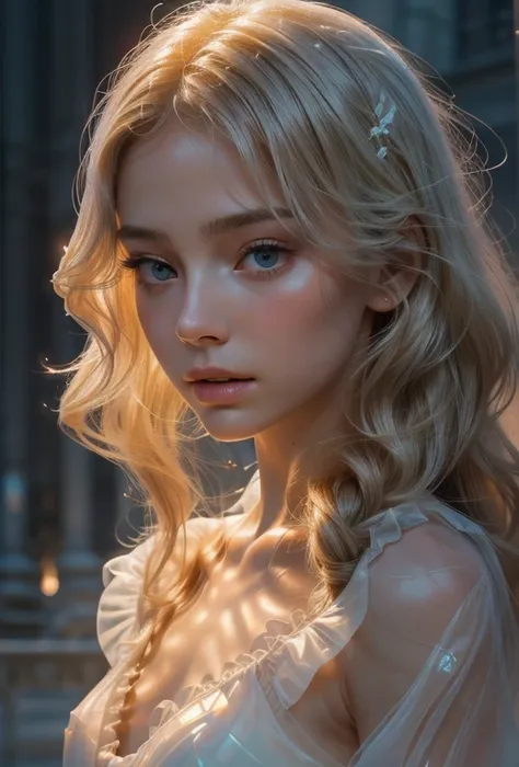 A clear day at a Paris landmark, france, ((jewel_light element)), (Translucent luminous body_wearing a white frilly blouse), (girl made of light: 1.2, Long wavy, A calm blonde hairstyle that adds delicate features and gloss to pale skin), (minimalism: 0.5)...