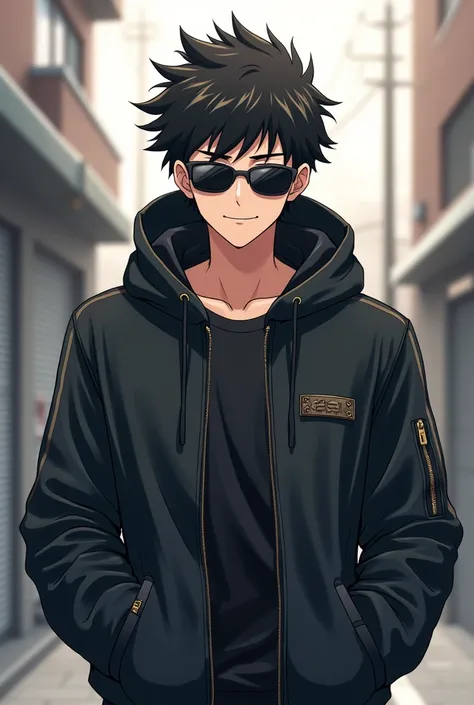 Cool male anime character with hoodie and sunglasses looking straight in the camera with standing happy face 