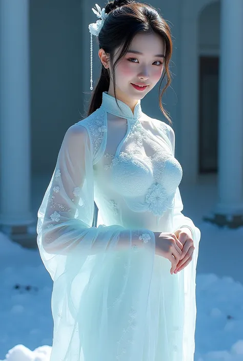 (ice - carving:1.4),Movie Angle,(Fan Bingbing,  ice sculpture girl,Anatomically correct,full bodyesbian,Masterpiece ice sculpture camellia,Representative work Hanfu,Smile,sexy,full body arts,traditional arts)