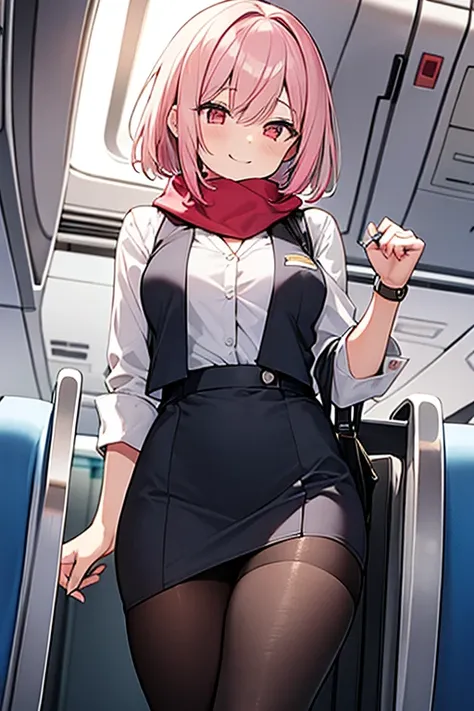 One Woman, Pink Hair,short hair,Bangs between the eyes,Red eyes,Small breasts,Flight attendant costumes,(Blue scarf),(Grey vest),Inside the plane,smile,Simple rings,Hands in front of the crotch,Black heels,tights