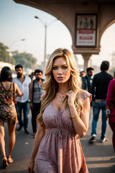 close up, foto cruda, Jenna Jameson, rubio,,full body, wearing short hippie dress, Disparo de vaquero , New Delhi streets background, people surround, high details, profundidad de campo, bokeh