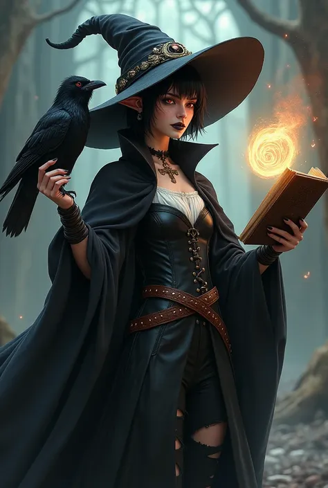 Make a pale female elf with pointy ears and short black hair, her eyes half red with a picture in them and black lips, put on a lush witch hat with a golden buckle, a black overcoat and a medieval white blouse with a dark leather vest over it that covers u...