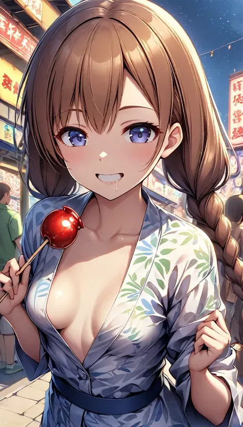 Angle from behind、Brown hair braided down twin tails、Candy apples、Elementary school girl、Summer festival、color々Location、fidgety、Candy applesにキス、Smiling and drooling、Small breasts sway、shake、shake、Open-chested yukata、Browsing Caution、