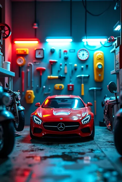  All items in a square display box create a detailed car wash toy industrial style  wall spray paint  vibrant contrasting colors detailed tools garage accessories cool lighting effects no car  location  cool indoor environment  plastic texture  toy mechani...