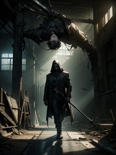 a dark grim reaper in a dimly lit abandoned industrial warehouse, killing a violent abusive man, the mans severed head, multiple people hanging upside down by their feet, gritty grungy atmosphere, moody dramatic lighting, dark fantasy horror, chiaroscuro, ...