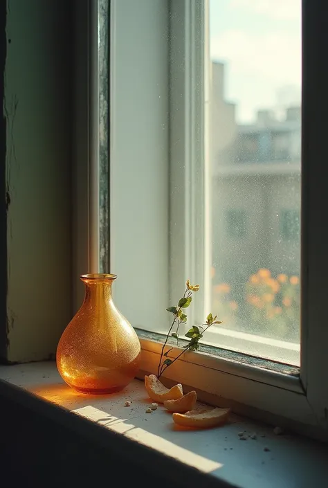 (Photorealism:1.2), broken vase on the windowsill