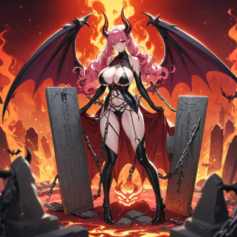 a horned demoness wearing an armored dress is tied down with chains onto a sacrifical stone tablet, her wings tied behind her back, pink long hair, red eyes, expressionless, long twintails cut, looking at viewer, fire in background, chromatic aberration, d...