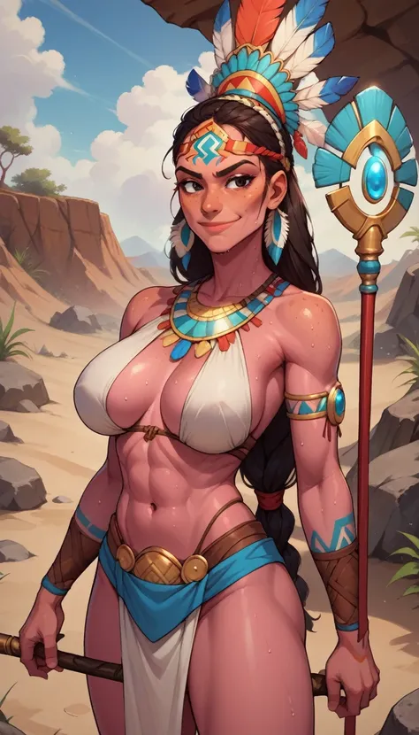 core_9, score_8_up, score_7_up, score_6_up, BREAK 1woman, pink skin, skinny,big breasts, wearing native american clothes, in a rocky orange desert terrain, smirking, sweating, holding staff, glowing black eyes