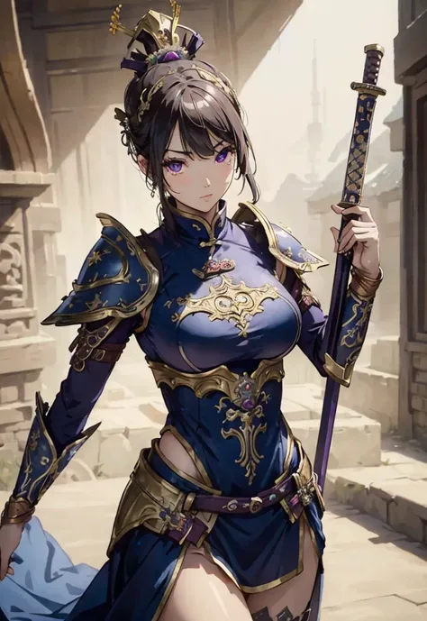 ((no background:1.0)), (cowboy shot), best quality, masterpiece, Solo, detailed beautiful girl, ancient Chinese armor, large breasts, open neckline, purple armor, slant eyes, V-shaped eyebrows, holding sword