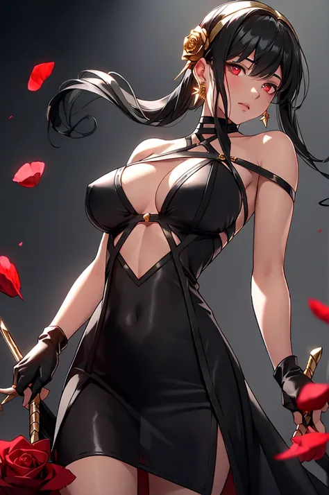 yor briar,

1girl, backlighting, bare shoulders, black background, sheer tight-fitting see-through black plunging deep-v provocative dress, black gloves, black hair, blood, blood on face, blood on weapon, huge breasts, closed mouth, cowboy shot, dress, ear...