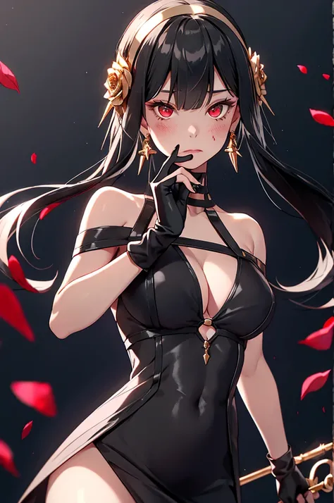 yor briar,

1girl, backlighting, bare shoulders, black background, sheer tight-fitting see-through black plunging deep-v provocative dress, black gloves, black hair, blood, blood on face, blood on weapon, huge breasts, closed mouth, cowboy shot, dress, ear...