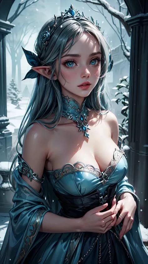 detailed face, detailed eyes, detailed hands, elf woman, full body,,（This is realistic (((fantasy))) artwork set in the frozen blue rose garden of an enchanted ice castle in winter and should consist of many shades of cold blue colors. It is snowing heavil...