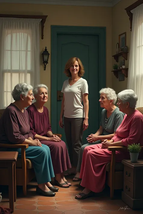 One women stand   and three old women sitting In her  house 