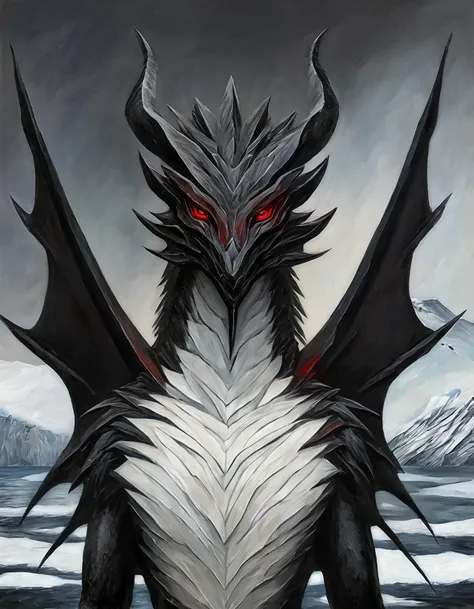 Portrait of the chest and head of a male anthropo-dragon, wings, body black, conceptual art,  big black body, belly white, white belly, high quality, red eyes, looks at the viewer, evil look, Against the backdrop of Antarctica. 