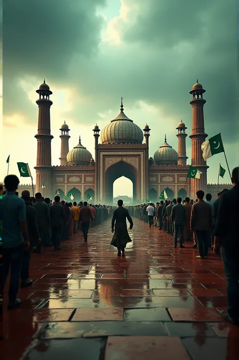 Pakistan Independence Day at badshahi masjid with cloudy weather