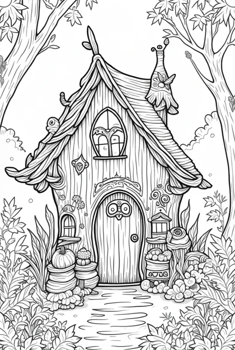 Fairy house nature background high details black and white coloring books pages