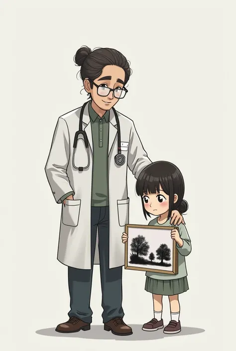 A doctor walking with sad small girl drawing black and white

