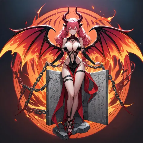 a horned demoness wearing an armored dress is tied down with chains onto a sacrifical stone tablet, her wings tied behind her back, pink long hair, red eyes, expressionless, long twintails cut, looking at viewer, fire in background, chromatic aberration, d...