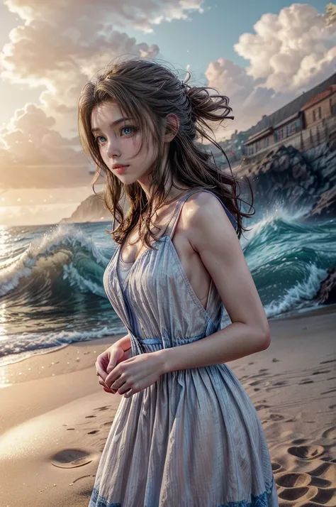 a beautiful woman with long brown hair, delicate facial features, and a serene expression standing on a sandy beach, wearing a white pinafore dress, waves crashing in the background, vibrant blue sky with wispy clouds, warm golden sun lighting the scene, h...