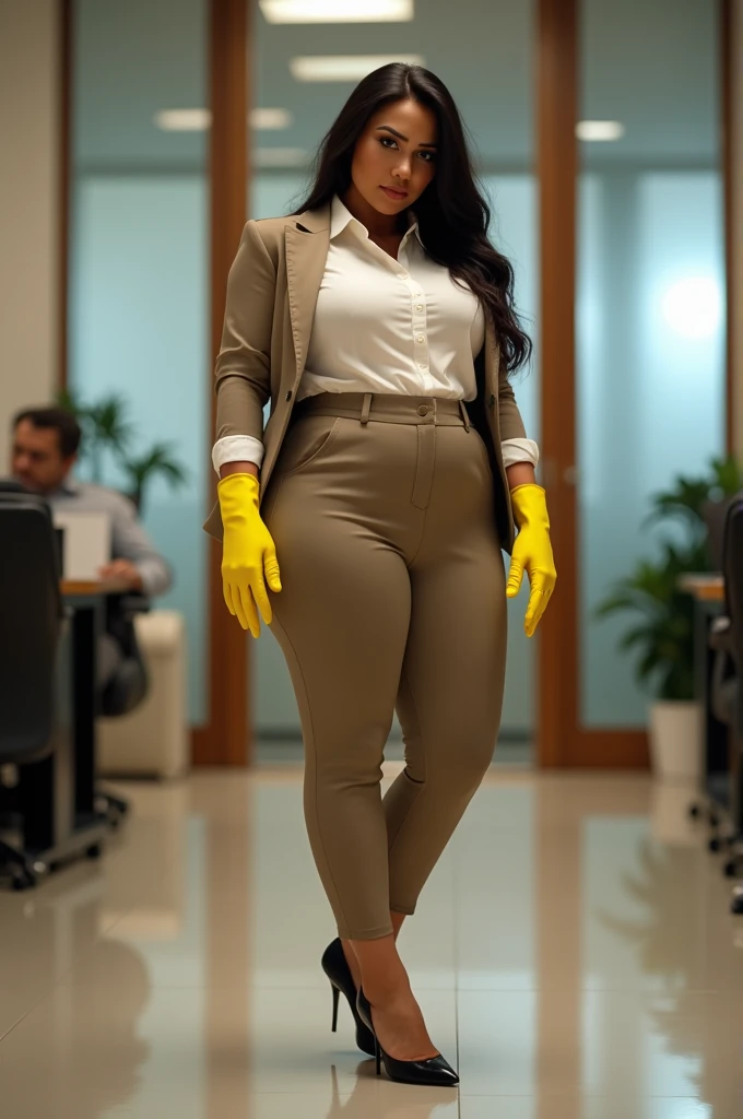 Wearing rubber gloves domestic I am a beautiful woman Mexican Office Boss with long hair, tanned skin, plump body, wide waist, big buttocks, I am 31 years , plump  body , wearing a sleek, khaki business pants suit, paired with a crisp white blouse, and bla...