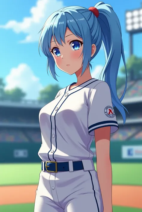 A girl with light blue hair
Side tail
High school girl
Baseball
Breasts