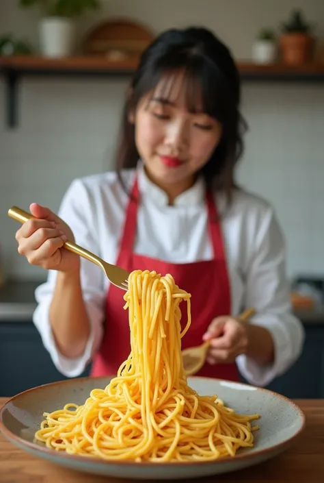 Big ass cute Asian girl chef hind view cooking pasta