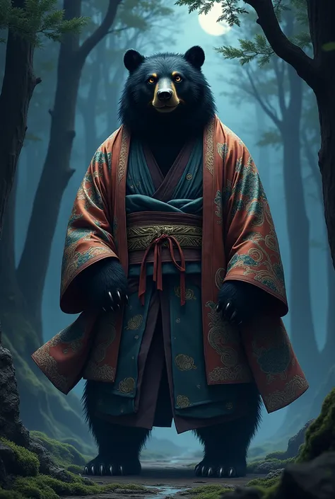 Black realistic bear using a kimetsu nl yaiba kimono in a forest at night