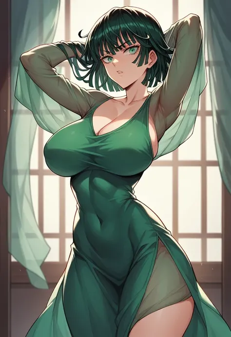 fubuki is from one punch man, translucent dark green dress, very big breasts, at the room, 8k