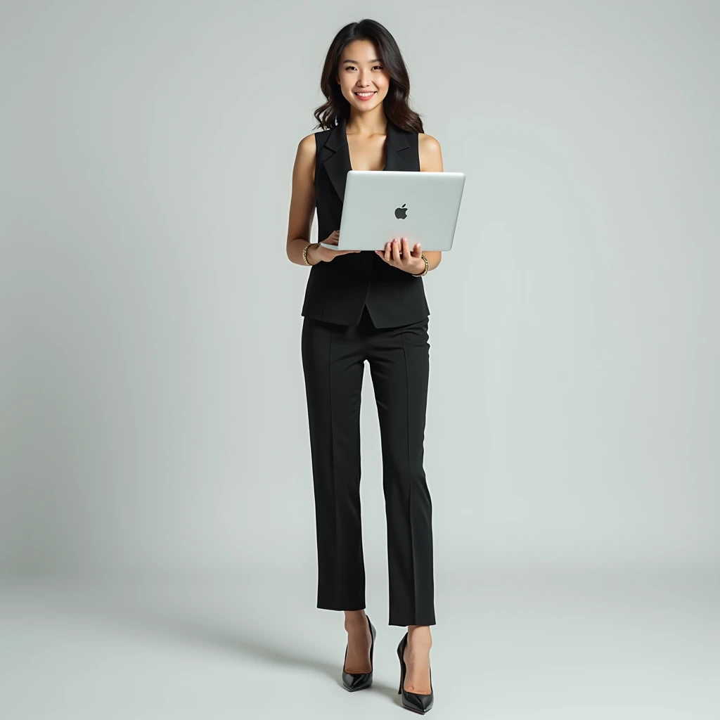 Create an image of an 18-year-old Asian businesswoman standing while working on a MacBook, smiling with a cute face. The image should be full-body, showing her wearing a slightly revealing vest, with high heels, exuding a youthful and successful appearance