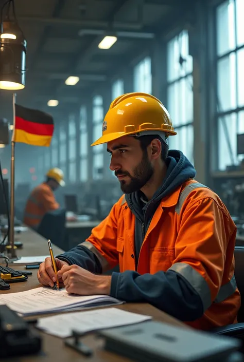 Electrical engineer 
Work clothes 
In a factory 
Desk
Series
Some paper
Euro pack
Iranian
Big German flag