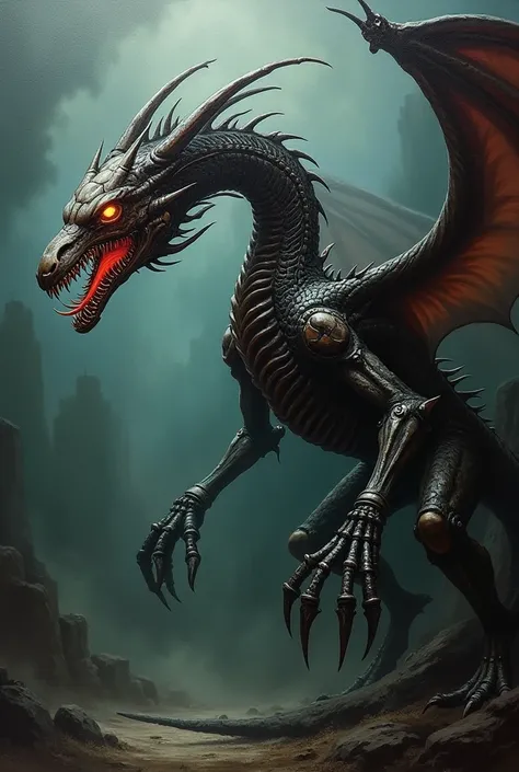 An oil painting of a Bloodborne alien style xenomorph dragon.