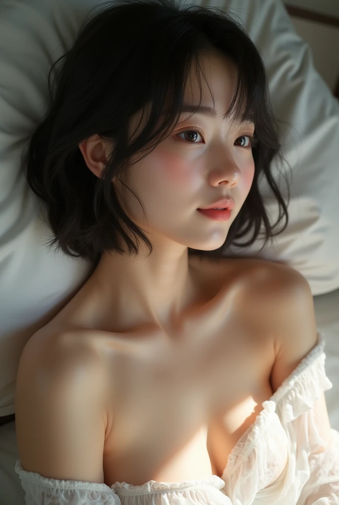 A very cute Japanese woman with a bob cut is naked in natural light and smiling gently on her bed。she２０At the age of 18, she is showing both armpits.。