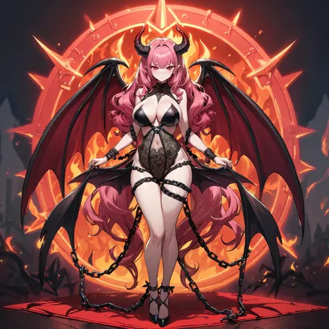 a horned demoness wearing an succubus dress is tied down with chains, demon tails, her wings tied behind her back, pink long hair, red eyes, expressionless, long twintails cut, looking at viewer, fire in background, chromatic aberration, demon horns, succu...