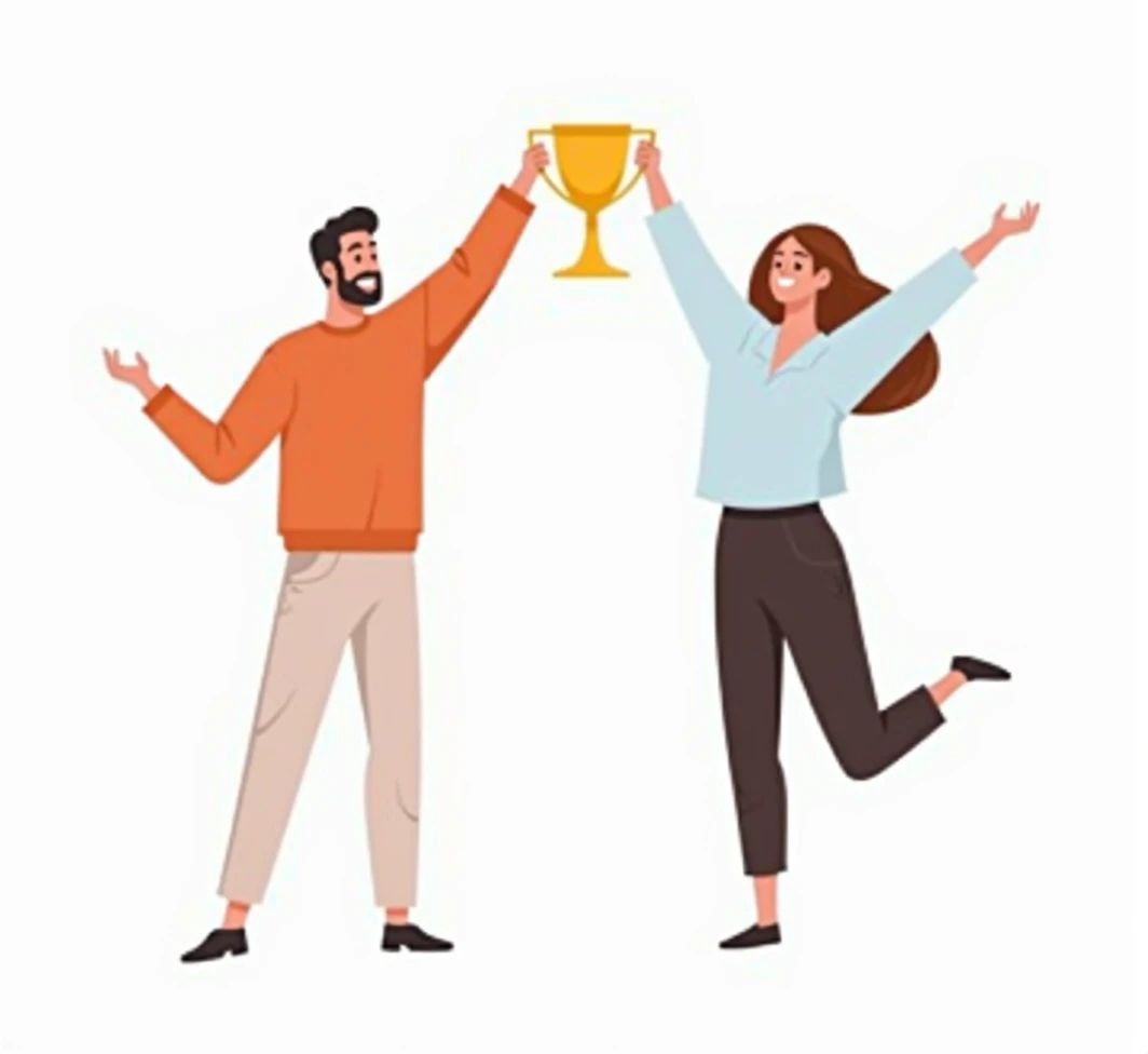 Couple of man and woman winners holding golden goblet. Happy successful people win award. Concept of goal achievement celebration. Flat vector cartoon illustration isolated on white