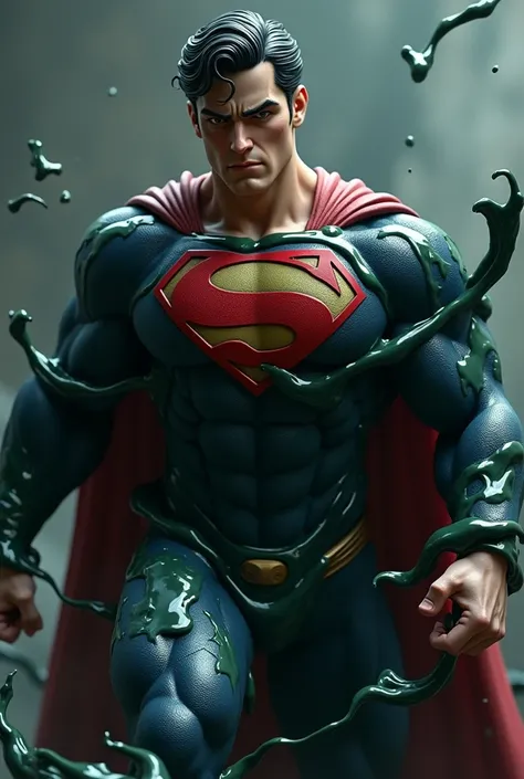 Create an intense animation of Superman wearing a tight, black latex suit as he gets caught in a thick, sticky slime. The slime slowly wraps around his body, and Superman struggles to break free, showcasing his strength. His movements should be powerful bu...