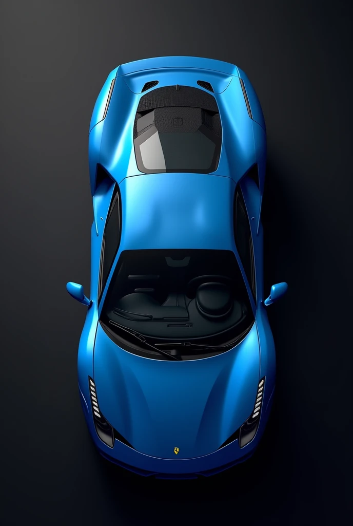 Top view of blue Ferrari with black background facing vertical 