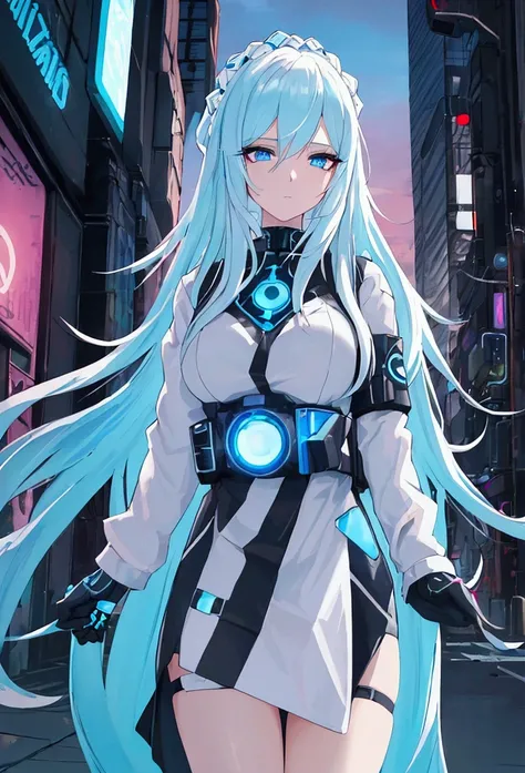 ((best quality)), ((masterpiece)), (detailed), perfect face, a beautiful woman with white long hair and a sky blue reflection, she has a tufted fringe, she has sky blue eyes in a cyberpunk city with sky blue lights, she has total black clothes with some ne...