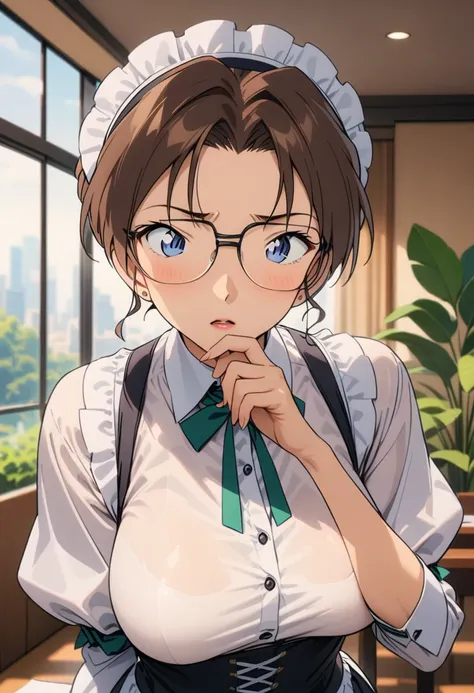 Brown-haired beauty，wearing glasses，individual，（aldult，18 years old，Height 1.7 meters：1.2），Best quality masterpiece，Wearing a maid outfit，Perfect body，Full breasts