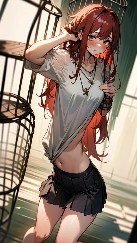 (masterpiece, best quality) (((8K best quality))), ((Intricate details)) ((blush)),wet, Sweating, White skin, Red hair, Long hair, Freckles, ((Submissive eyes)),Necklace, NSFW clothing, ((Messy hair)), Short skirt, Broken clothes, Perspective material, Lin...