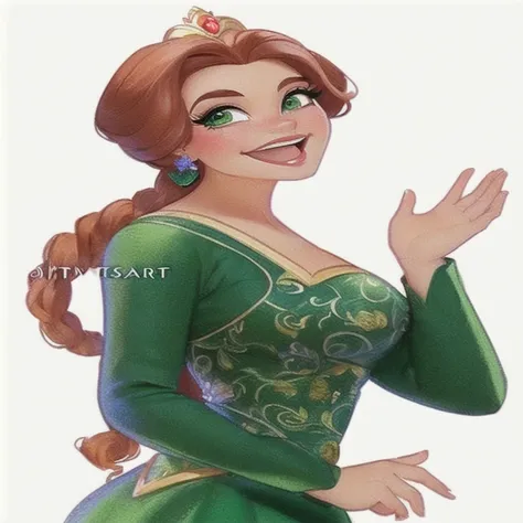 a cartoon image of a woman in a green dress waving, Arte Disney style, Arte Disneystyle, personagem da disney, art in the style of disney, Arte Disney, concept art by disney, personagem da disney style, Arte Disney, portrait of princess Fiona, disney rende...