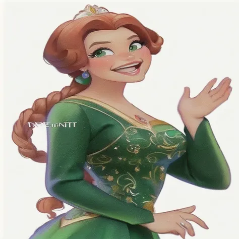 a cartoon image of a woman in a green dress waving, Arte Disney style, Arte Disneystyle, personagem da disney, art in the style of disney, Arte Disney, concept art by disney, personagem da disney style, Arte Disney, portrait of princess Fiona, disney rende...