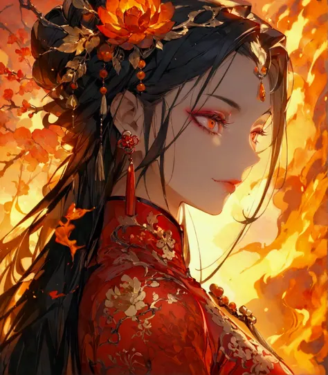 Fire Spirit Portrait, very long flowing red hair, Eyes shining red, (Exquisite and sexy Chinese cheongsam:1.2), Red glowing tattoo, Orange crystal jewelry, A faint smile, Mature body,masterpiece,best quality,Official Art,illustration,Clear lines,(Cool_colo...