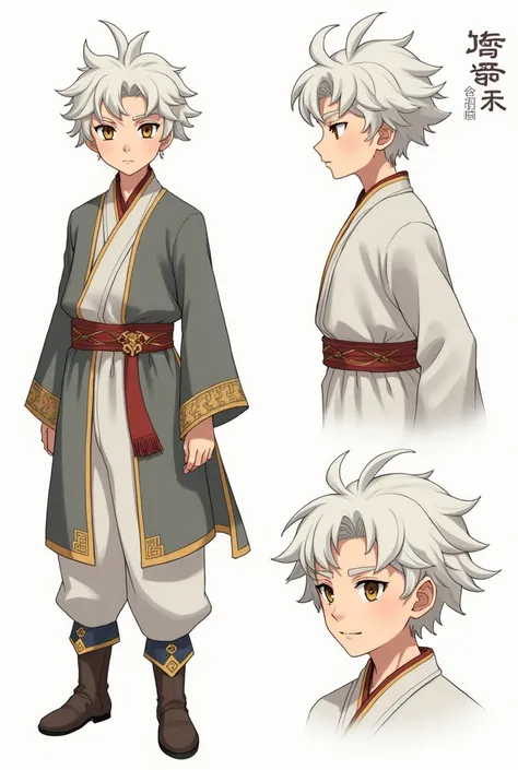 (FULL BODY CHARACTER DESIGN SHEET) (HIGH RESOLUTION) a character design sheet featuring a young male child around 10 years old, he has white hair styled in a comma shape, wavy and slightly curled, common in anime. his golden eyes have reptilian slits, givi...