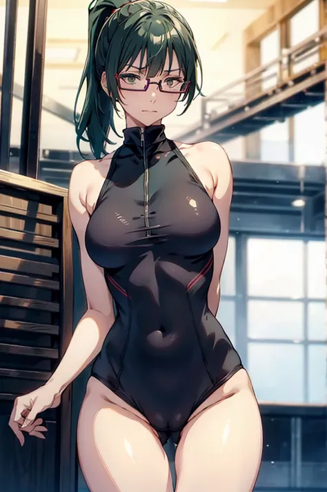 zenin_maki,ponytail,glasses,bangs,green hair,brown eyes,large breasts,slender,competition swimsuits,sleeveless,(cameltoe:1.3),sea,masterpiece,Noise Reduction,perfect anatomy,high resolution, ultra-detailed, ultra-detailed face,game cg,dutch angle ,beautifu...